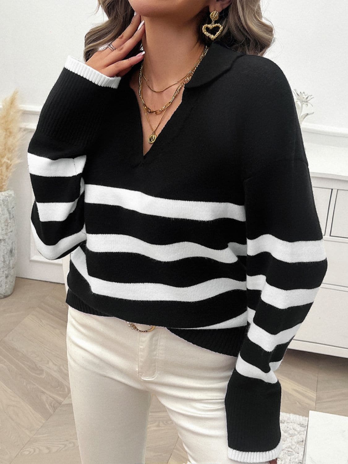 Striped Collared Neck Long Sleeve Sweater.