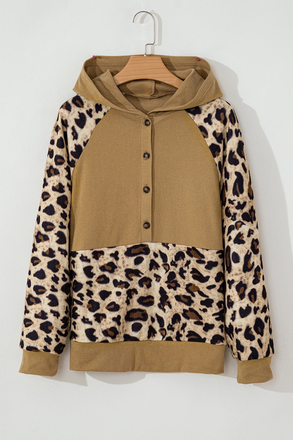 French beige leopard patchwork hoodie with half-button detail and raglan sleeves