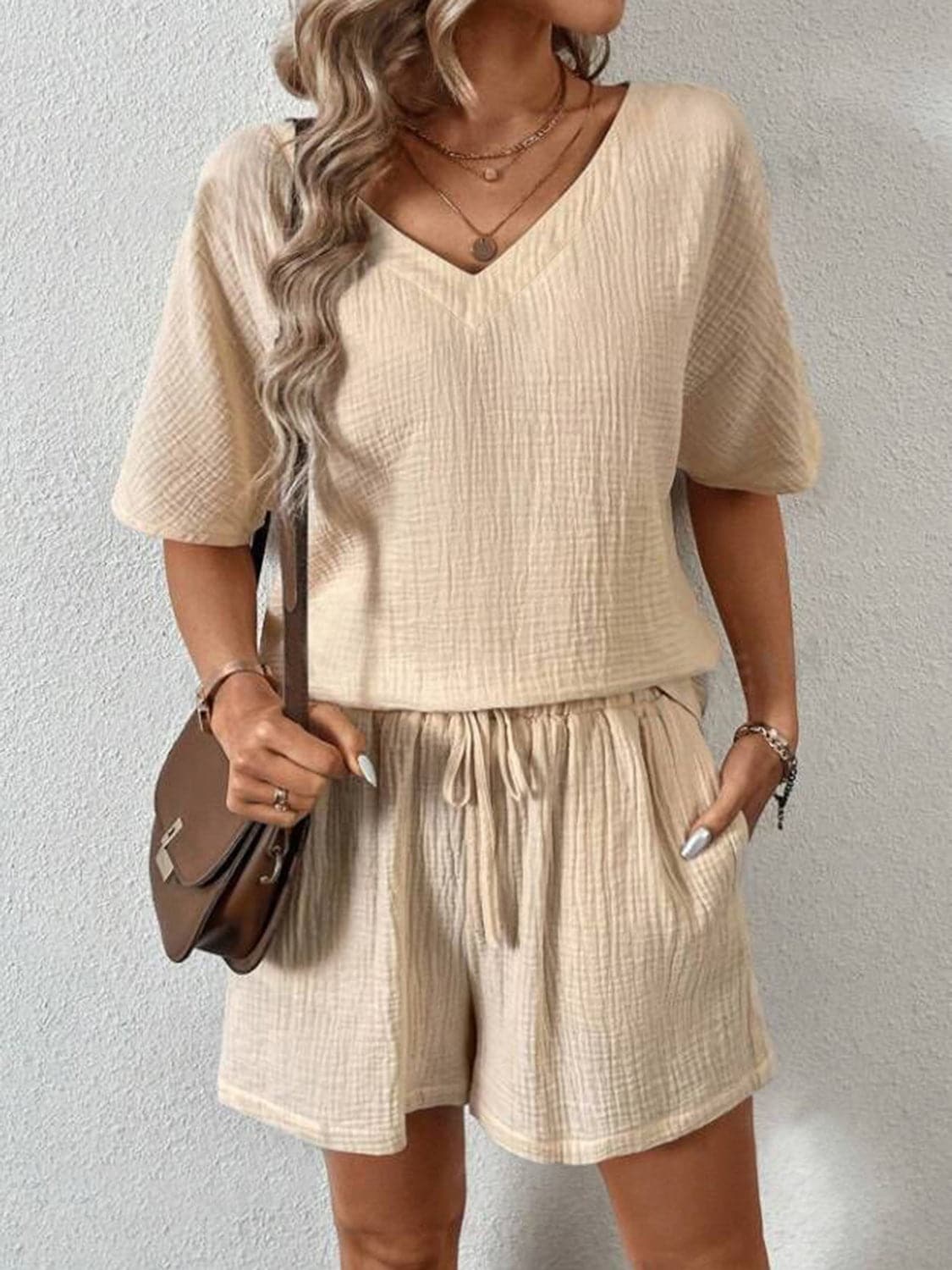 V-Neck Half Sleeve Top and Shorts Set.