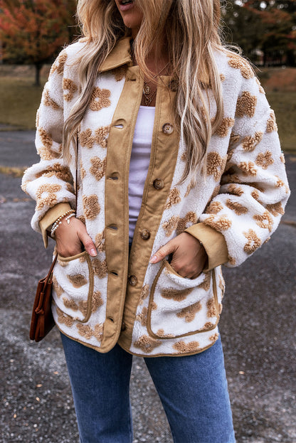 Charming beige fleece jacket with cute flower patterns and button-up design