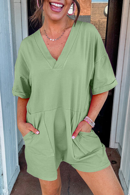 Grass Green Loose Half Sleeve V Neck Knit Romper for Women