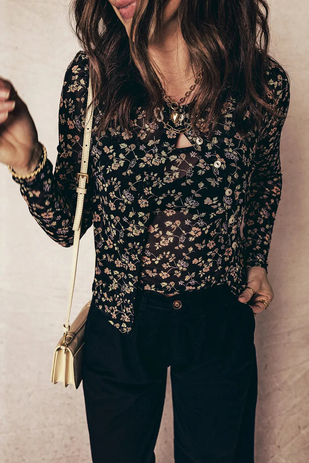 Black Floral Print Mesh Tank Cardigan Set 2pc Button Front Slim Dear-Lover Dropshipping