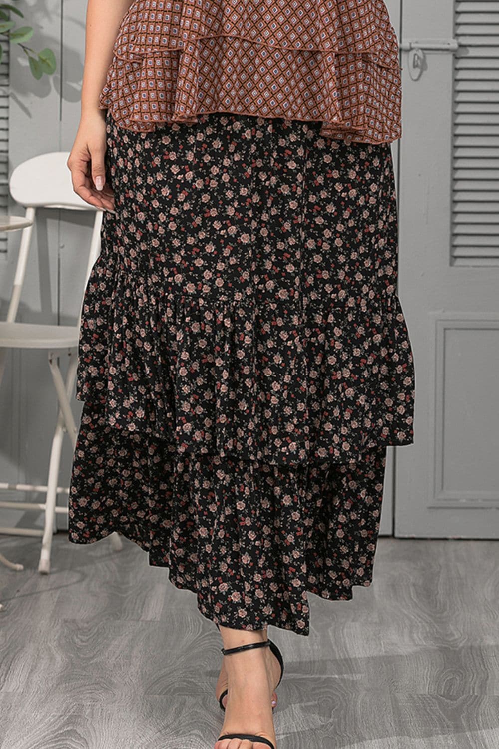 Plus Size Ditsy Floral Layered Maxi Skirt.