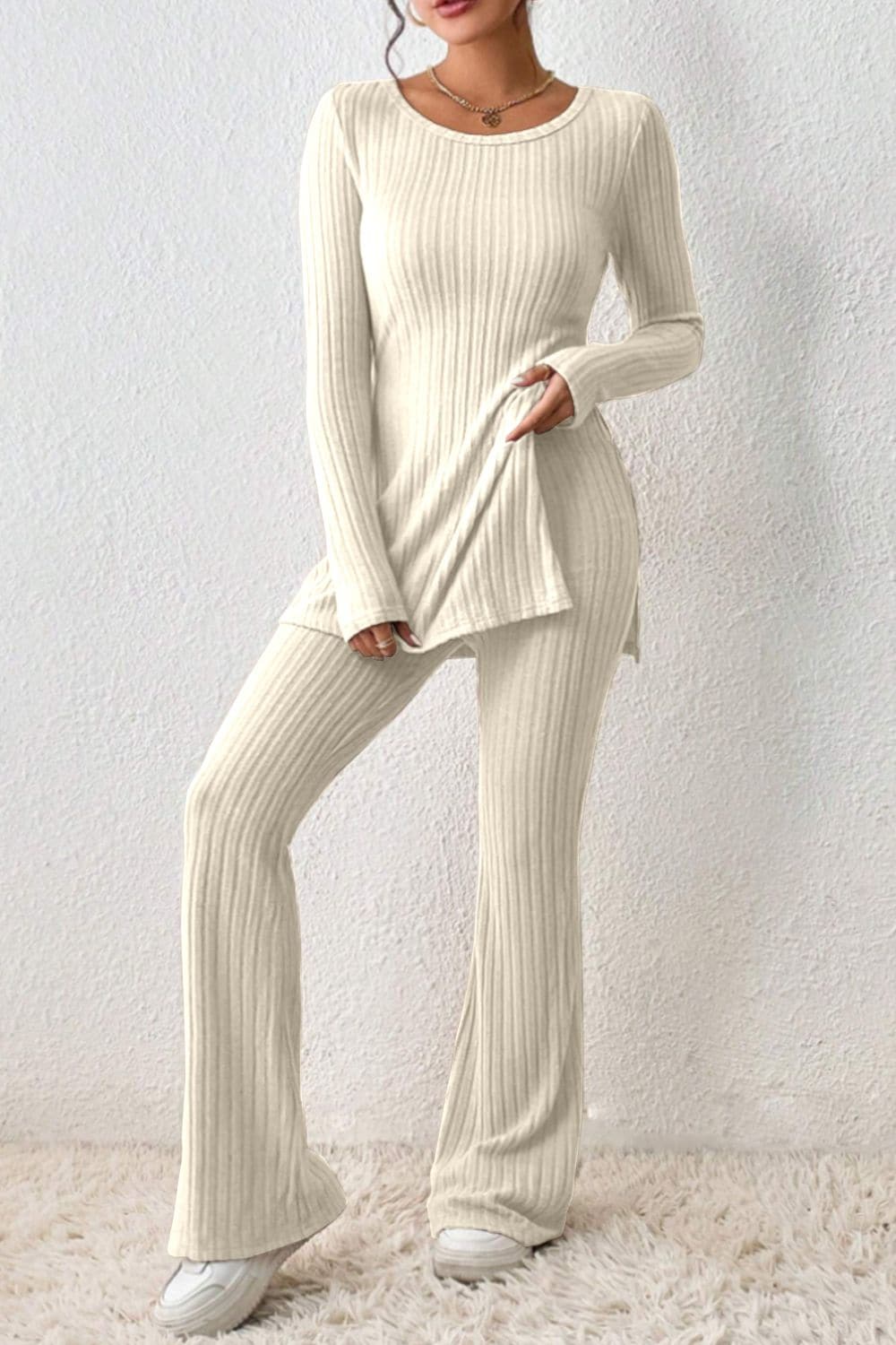 Ribbed Long Sleeve Slit Top and Bootcut Pants Set.