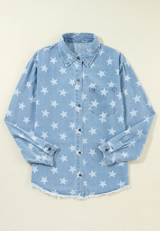 Raw Hem Star Collared Neck Denim Top