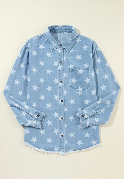 Raw Hem Star Collared Neck Denim Top