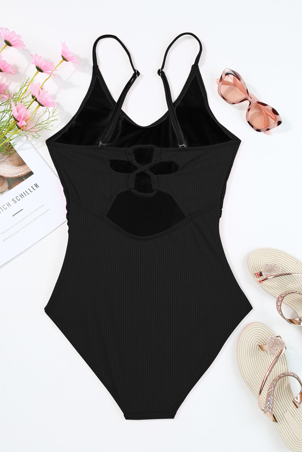 Chic black ribbed scoop neck one-piece swimsuit for effortless beach style