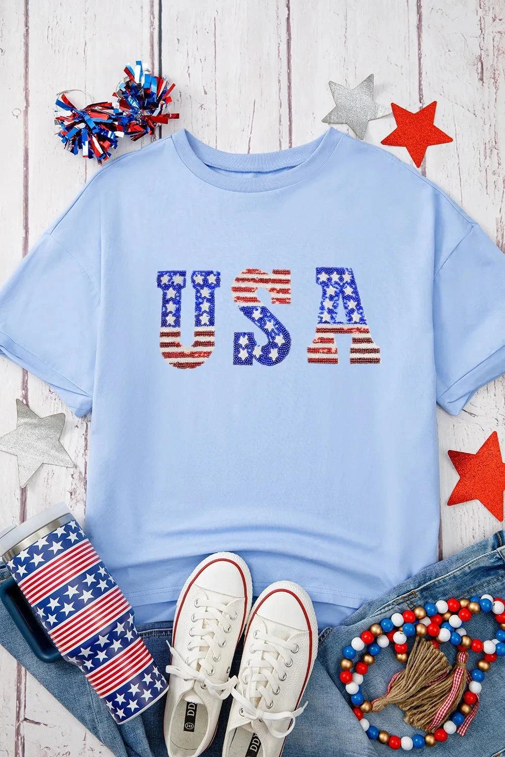 USA Patched Drop Sleeve Crewneck T Shirt Simply Love