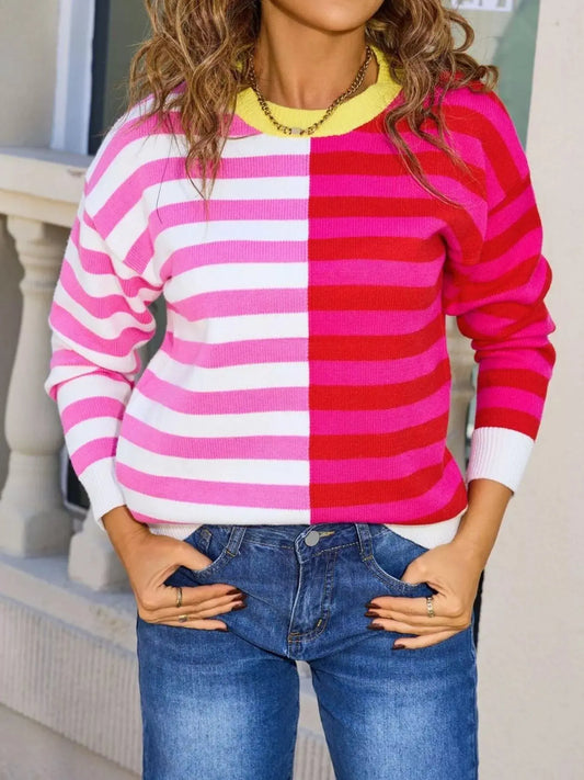 Striped Round Neck Long Sleeve Sweater Simply Love