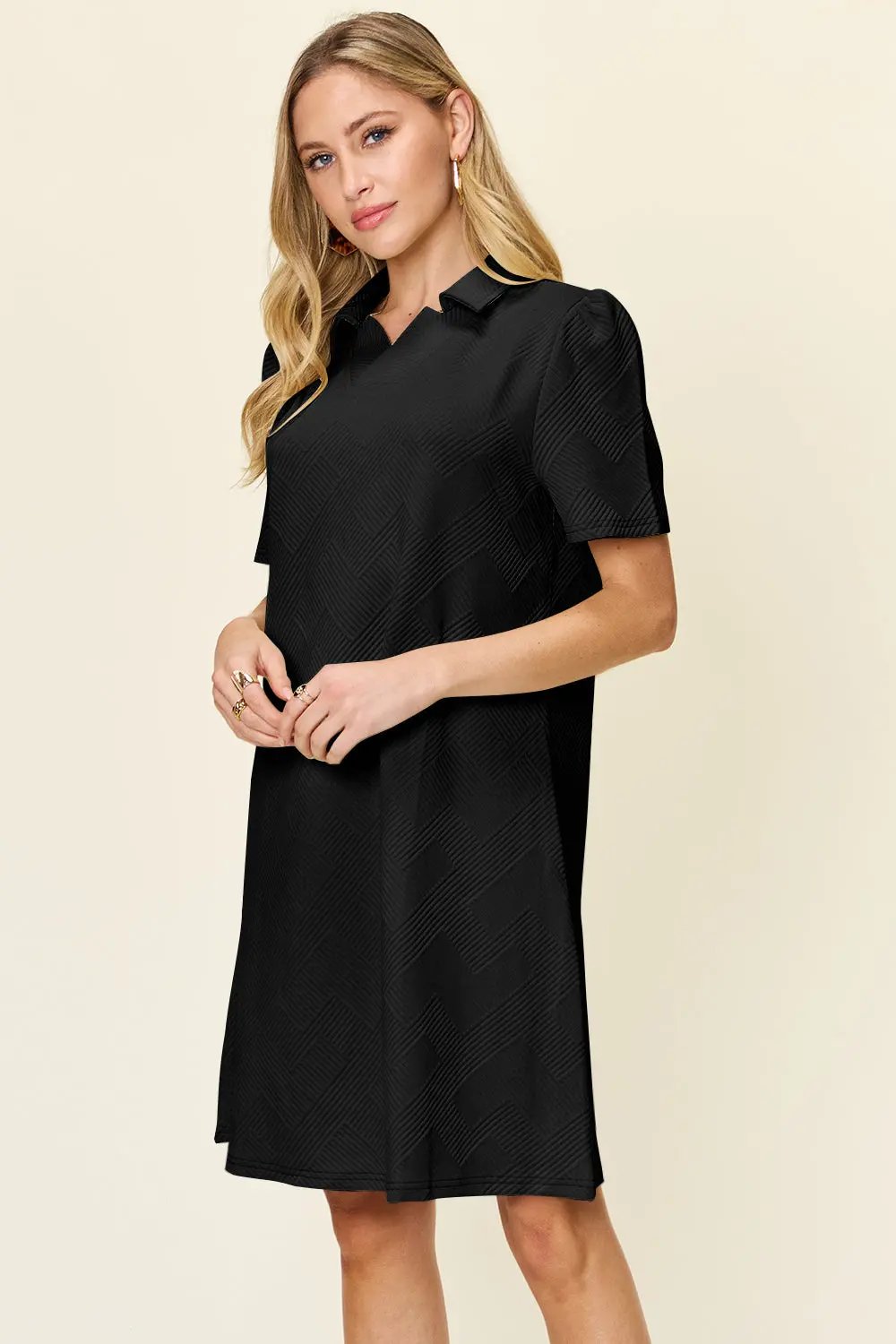 Double Take Full Size Texture Collared Neck Short Sleeve Dress - Love Salve