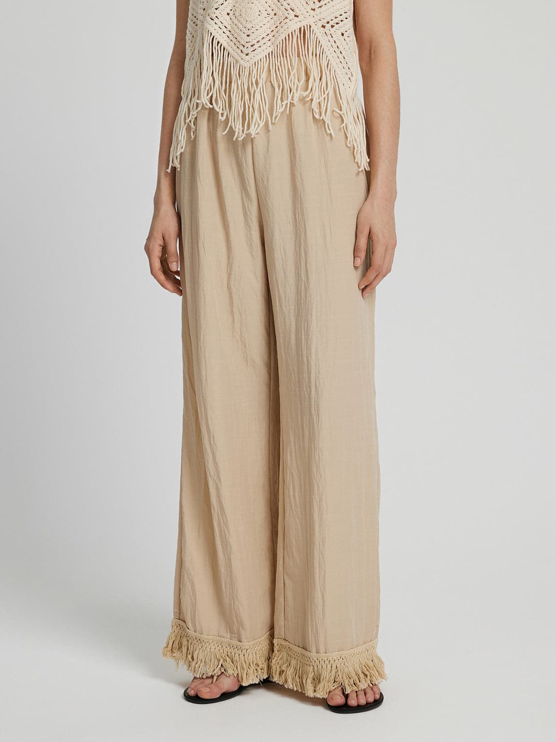 Fringe Hem Wide Leg Long Pants.