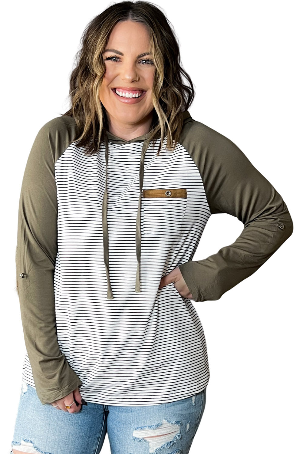 Green striped plus size hoodie with raglan sleeves and buttoned pocket