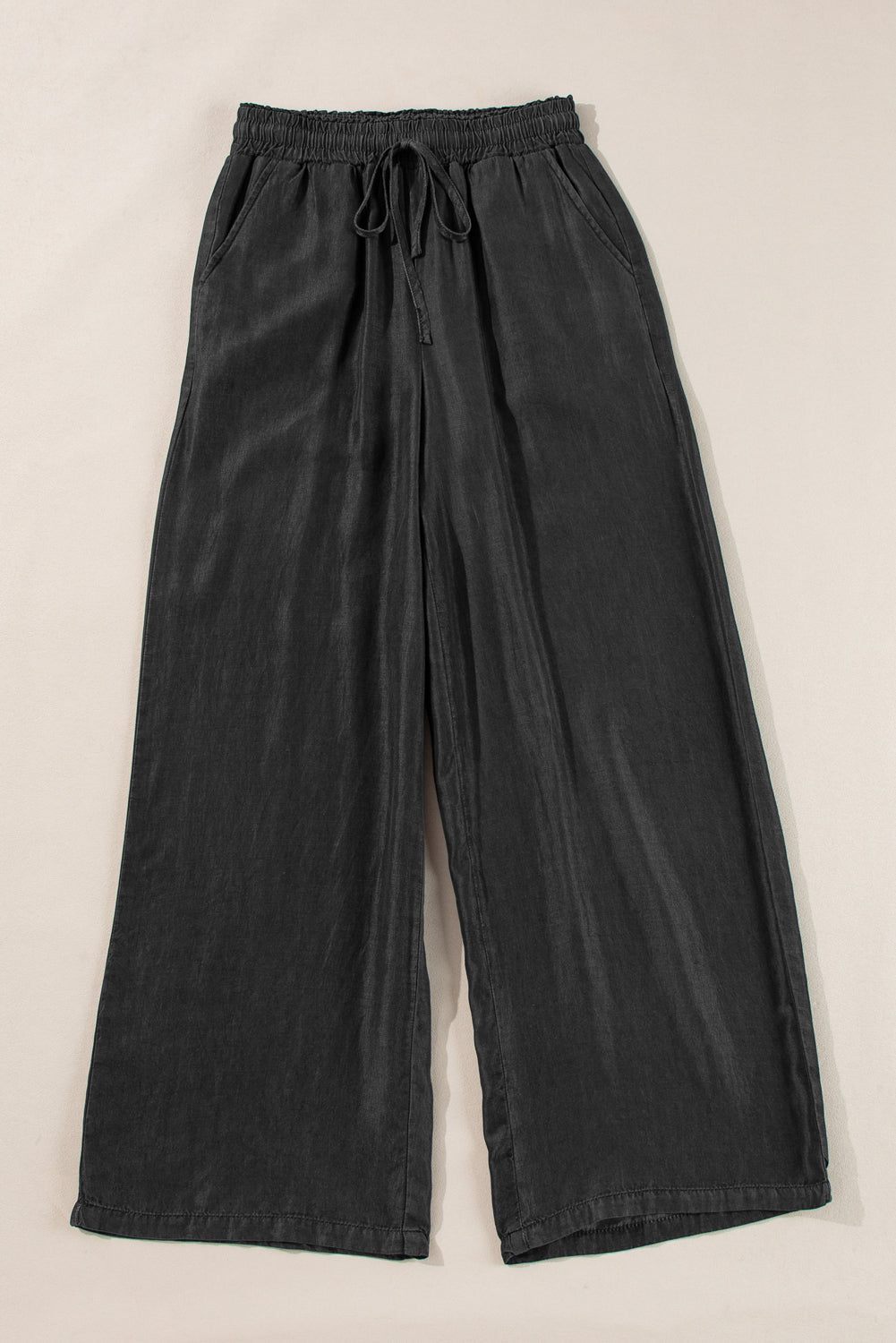 Chic black drawstring wide leg denim trousers with high waist design