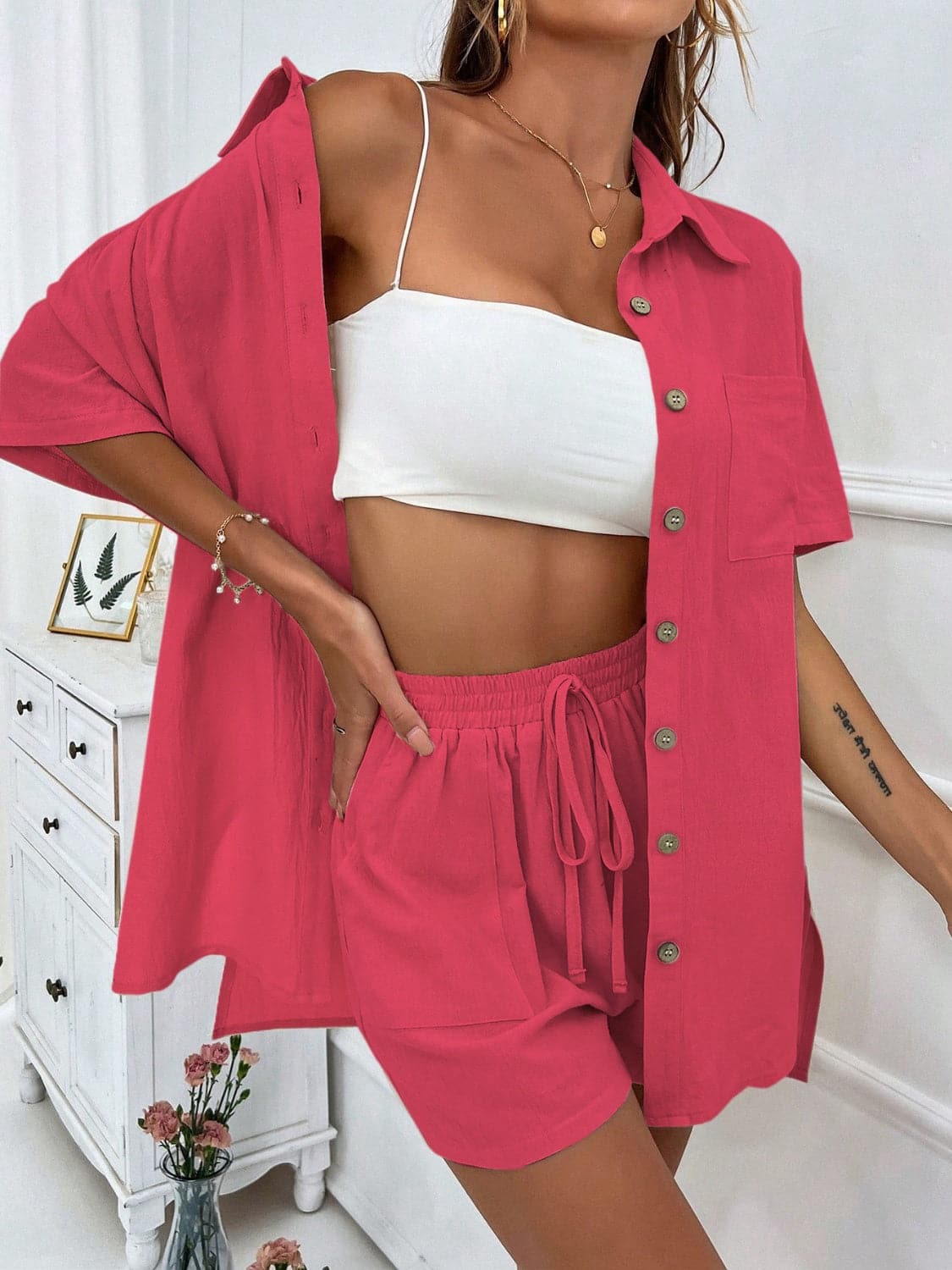 Button Up Half Sleeve Top and Shorts Set.