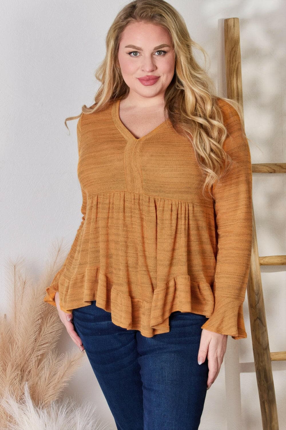 Hailey & Co Full Size V-Neck Flounce Sleeve Blouse.