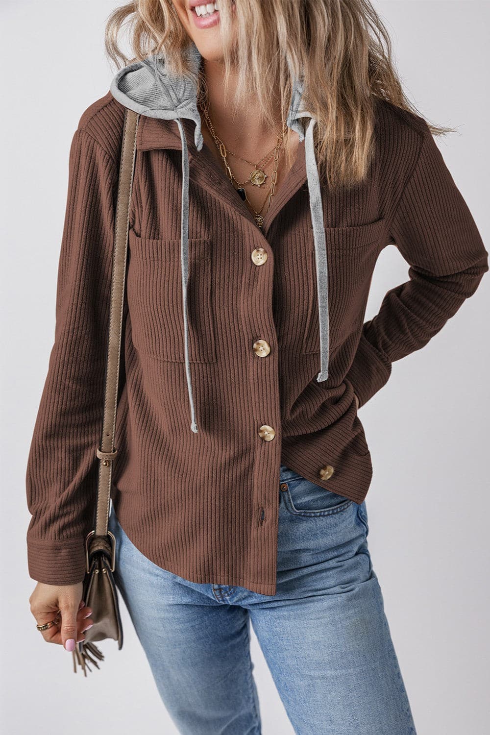 Drawstring Button Up Long Sleeve Hooded Jacket.