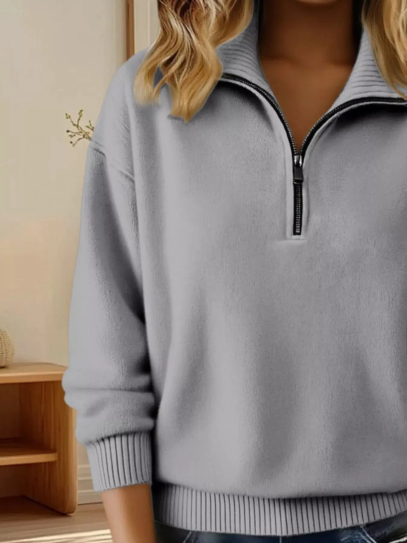 Full Size Half Zip Dropped Shoulder Sweater Plus Size Simply Love