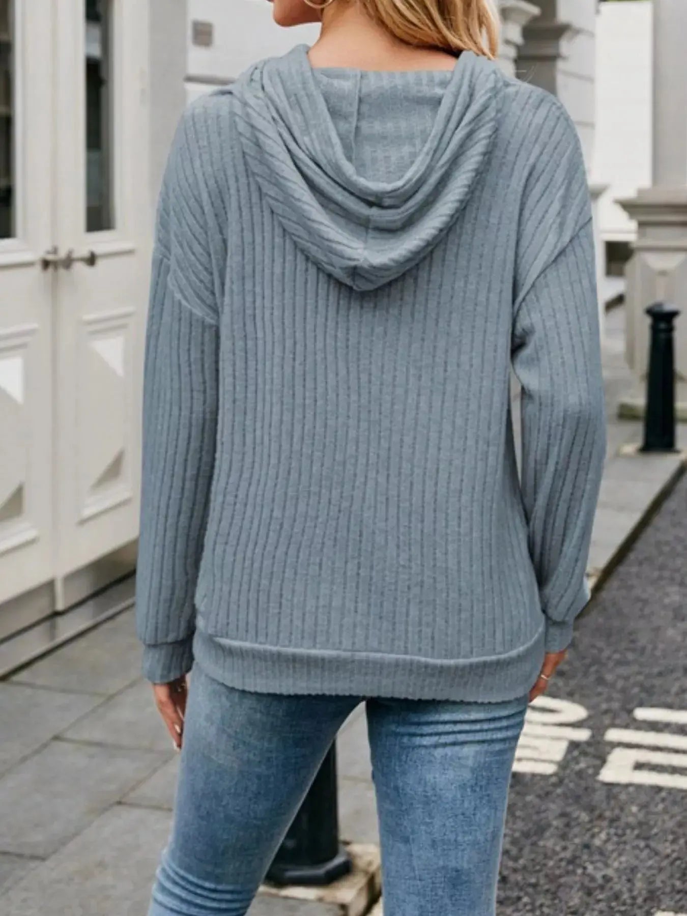 Casual Ribbed Knit Hoodie With Drawstring Front Pocket Simply Love