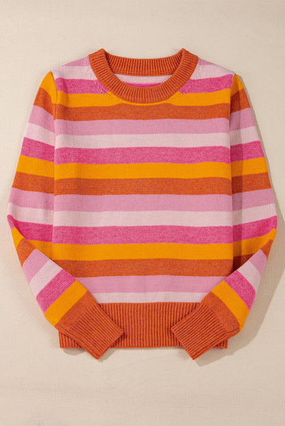 Vibrant orange color block ribbed neck sweater with long sleeves