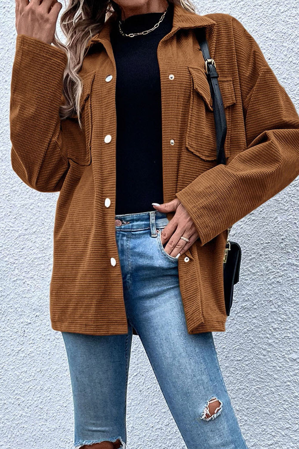 Brown textured shacket with pockets