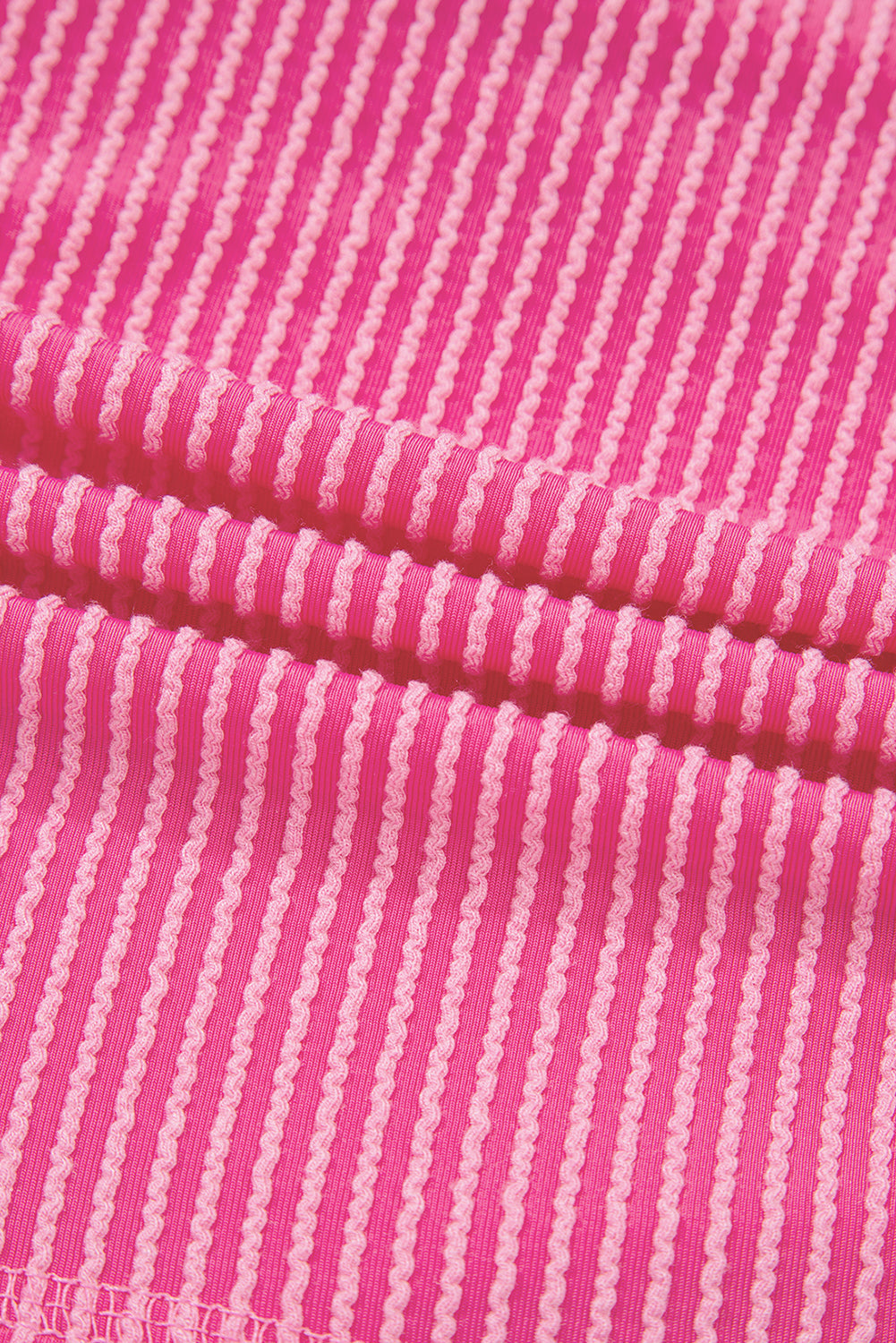 Bright Pink Spiral Ribbed Short Sleeve V Neck Buttoned Romper with Pocket Love Salve