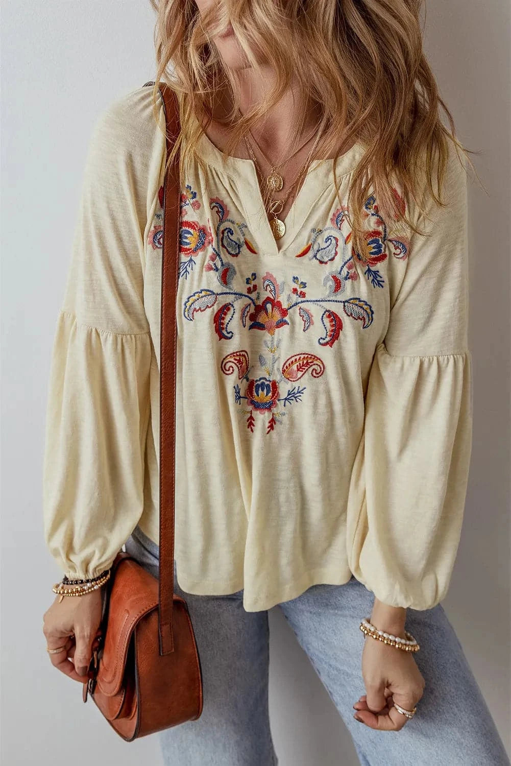 Embroidered sheer long sleeve top