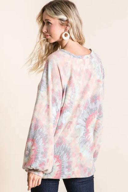 BiBi Brushed Tie Dye Print Top with Puff Sleeves - Love Salve 