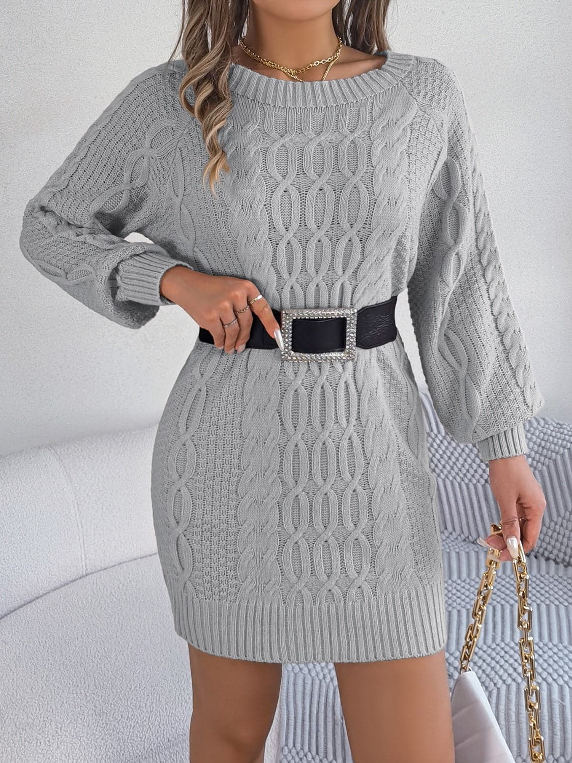 Cable-Knit Round Neck Sweater Dress.