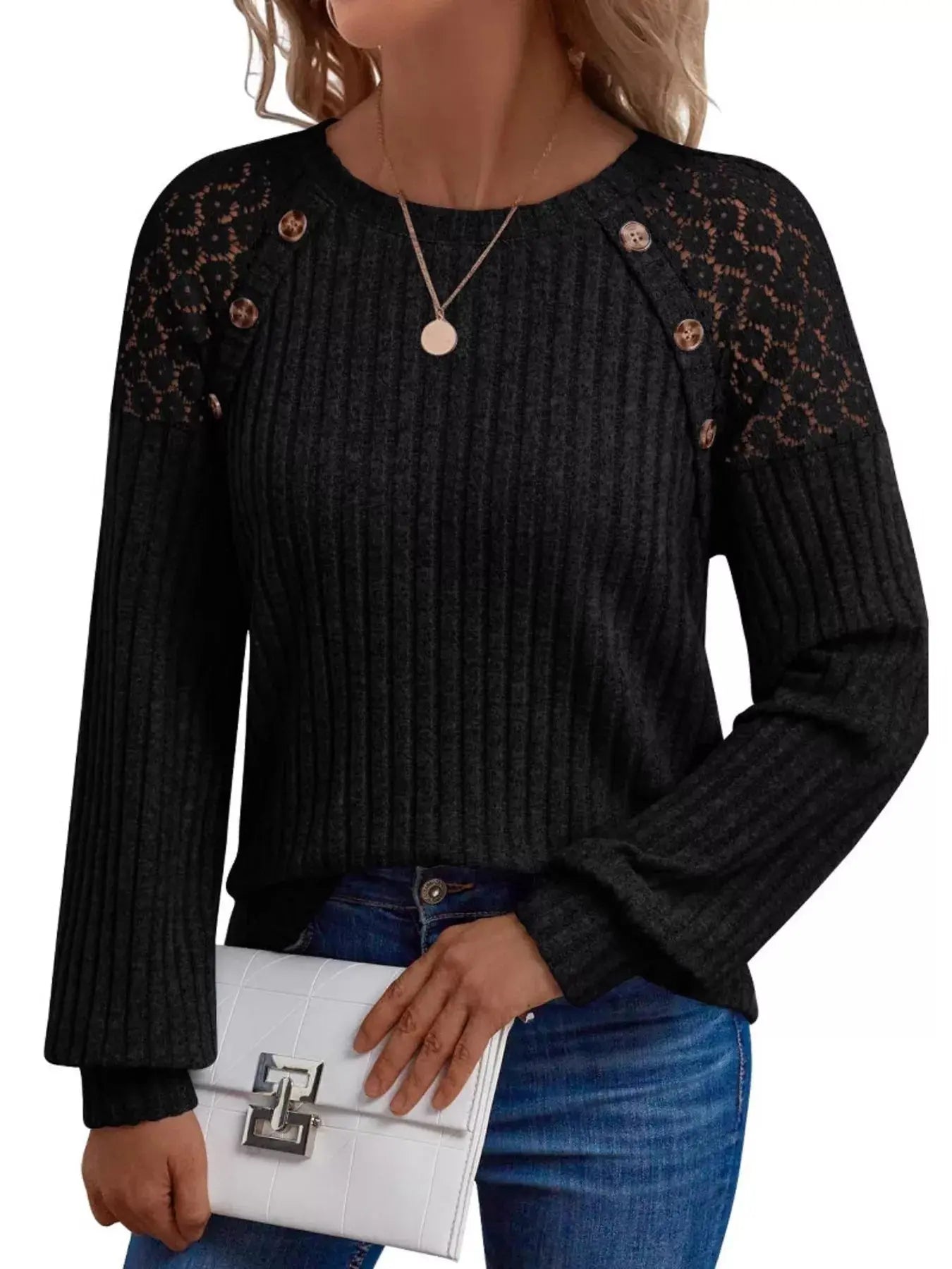 Ribbed Knit T-Shirt with Lace Shoulder Detail Simply Love