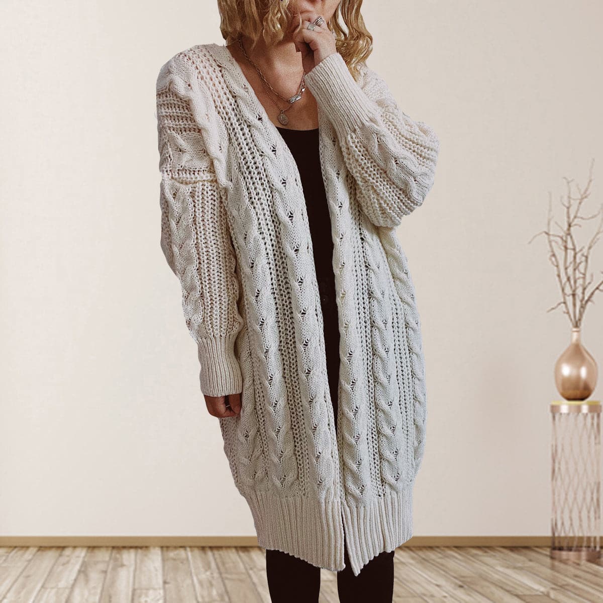 Cable-Knit Open Front Dropped Shoulder Cardigan.