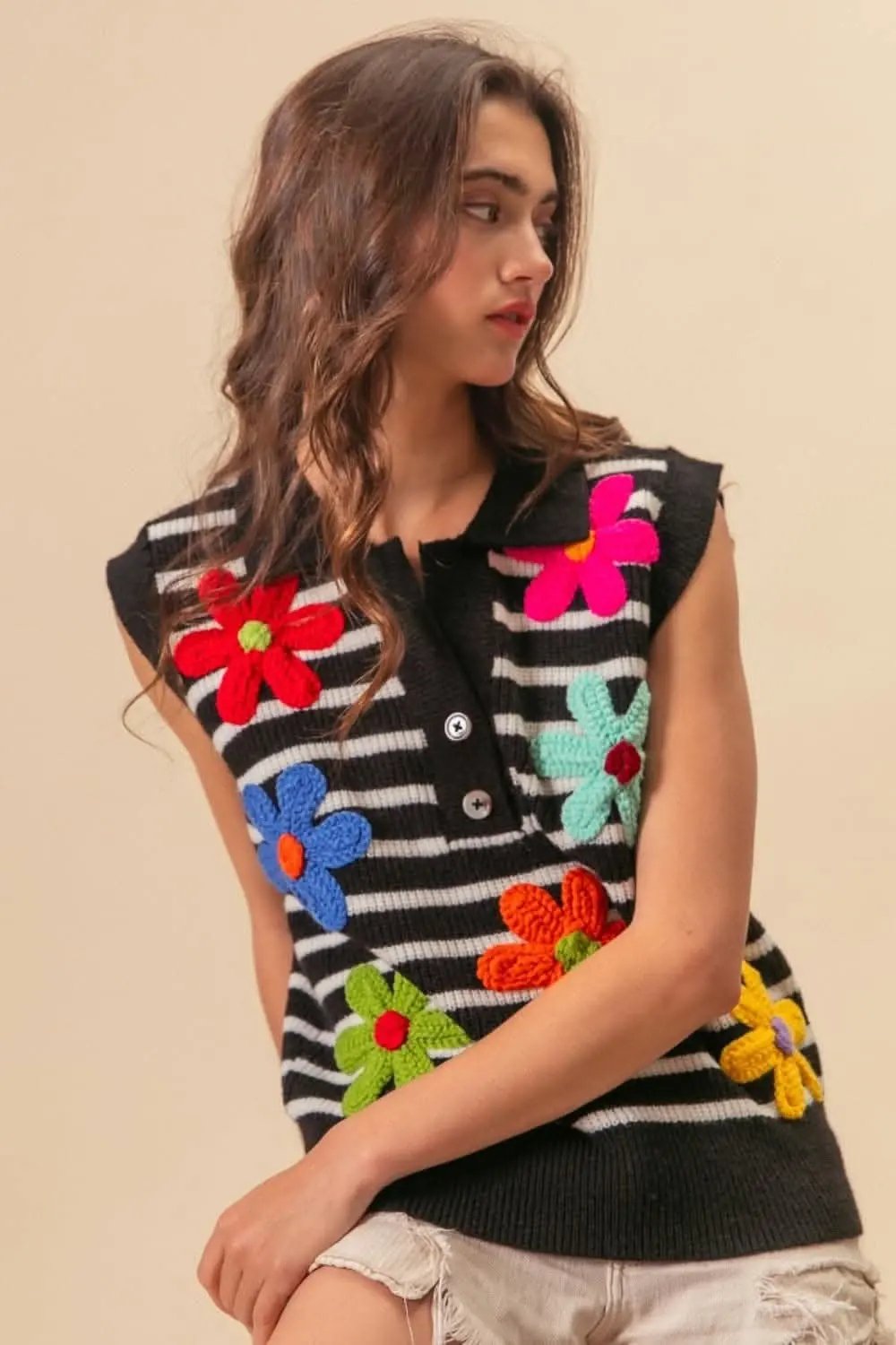 BiBi Flower Patch Striped Half Button Sweater Vest - Love Salve 