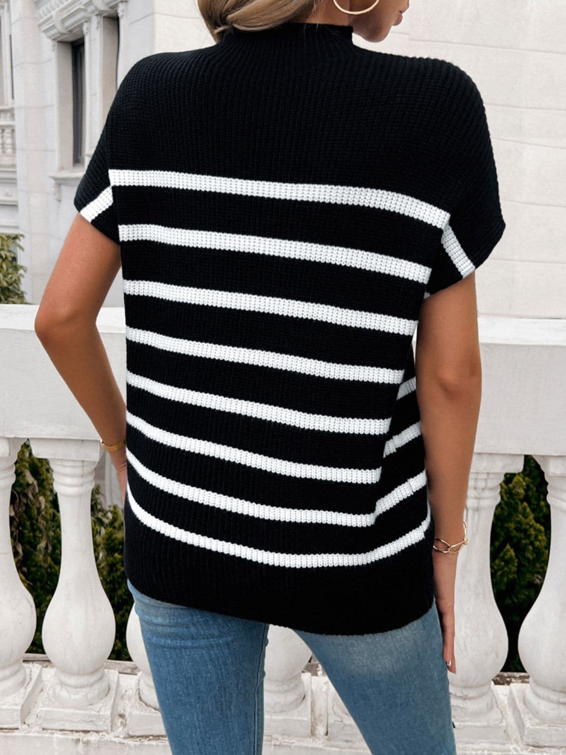 Striped Mock Neck Short Sleeve Sweater.