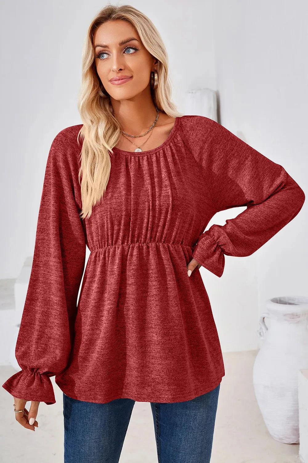 Ruched Round Neck Flounce Sleeve Blouse Coco’s Tee Boutique