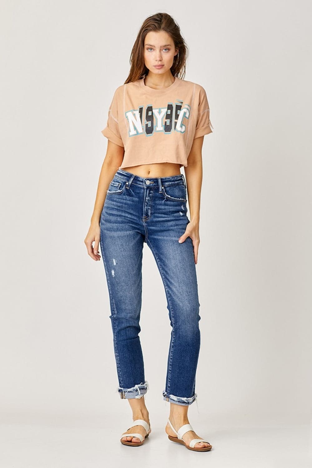 Risen Full Size High-Rise Frayed Cuffed Straight Jeans.