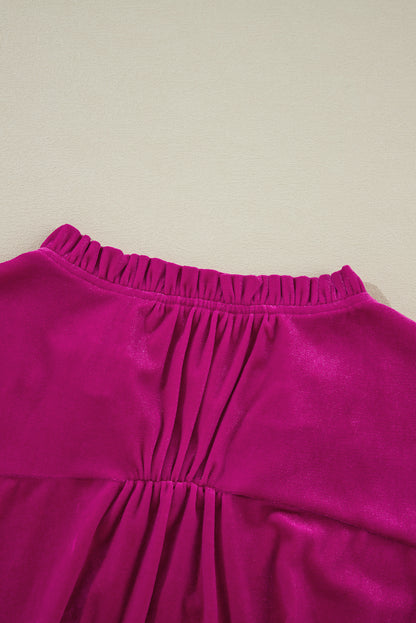 Chic bright pink velvet blouse with ruffled sleeves for plus sizes