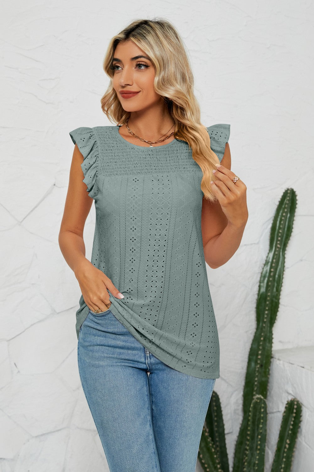 Smocked Round Neck Eyelet Top Coco’s Tee Boutique