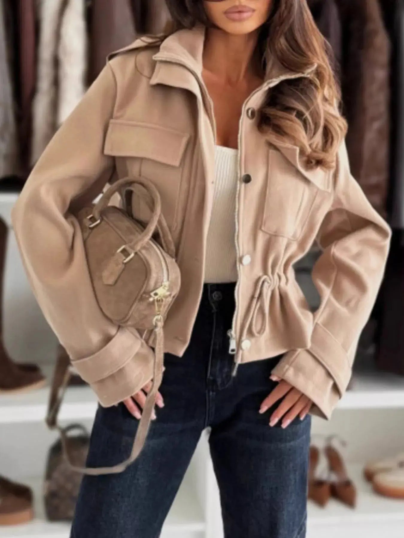 Drawstring Button-Up Casual Jacket Simply Love