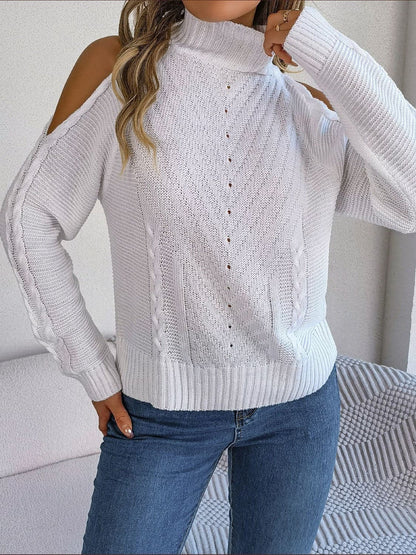 Cable-Knit Turtleneck Cold Shoulder Sweater.