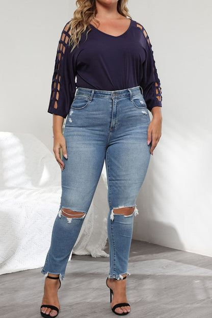 Plus Size Cutout Three-Quarter Sleeve Blouse.