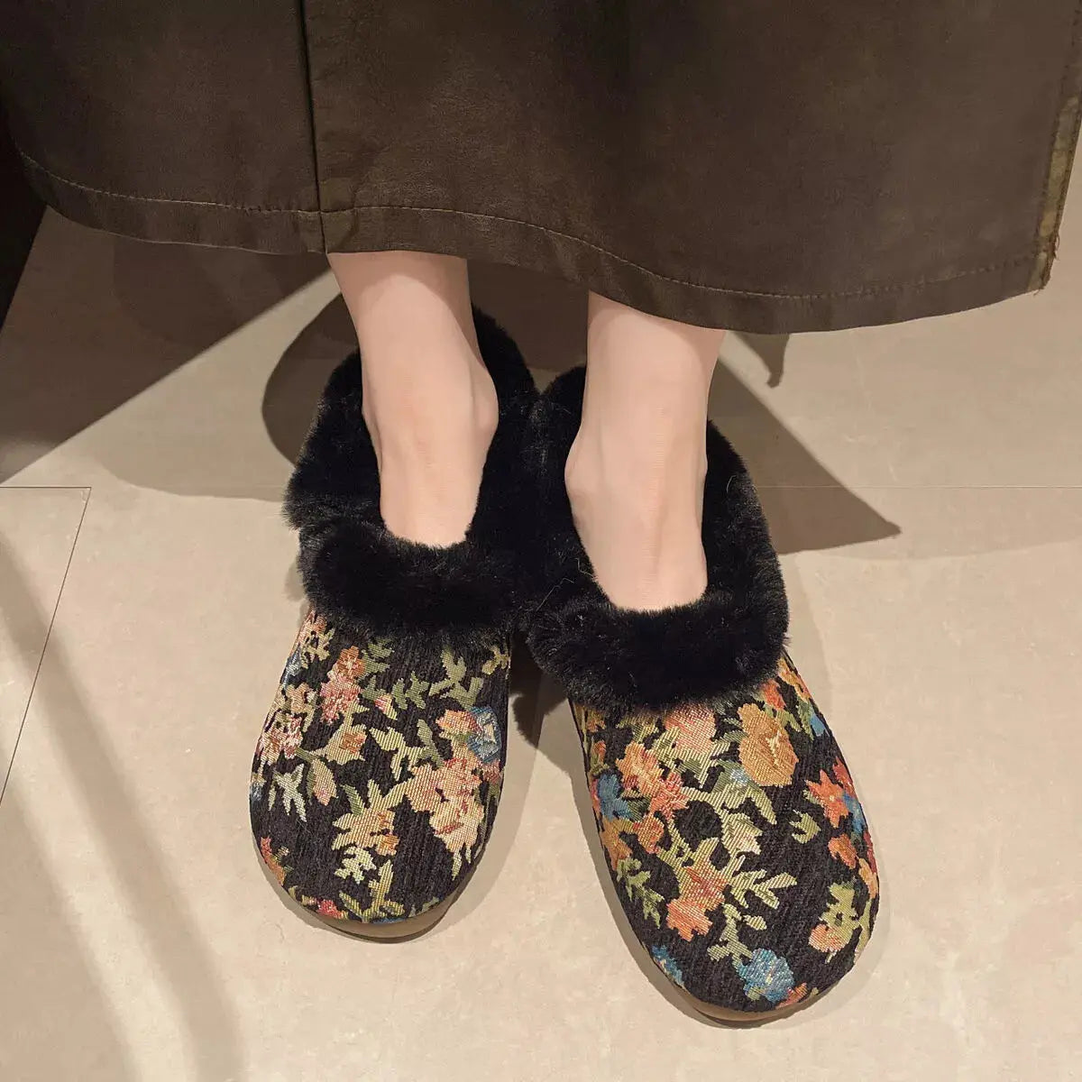 Floral Pattern Plush Lined Slip-Ons Simply Love
