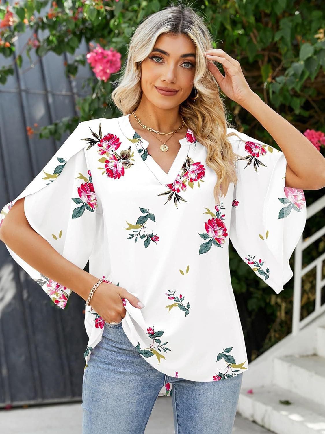 Printed Notched Half Sleeve Blouse.