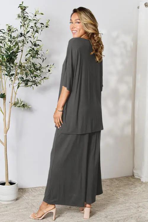 Double Take Full Size Round Neck Slit Top and Pants Set - Love Salve