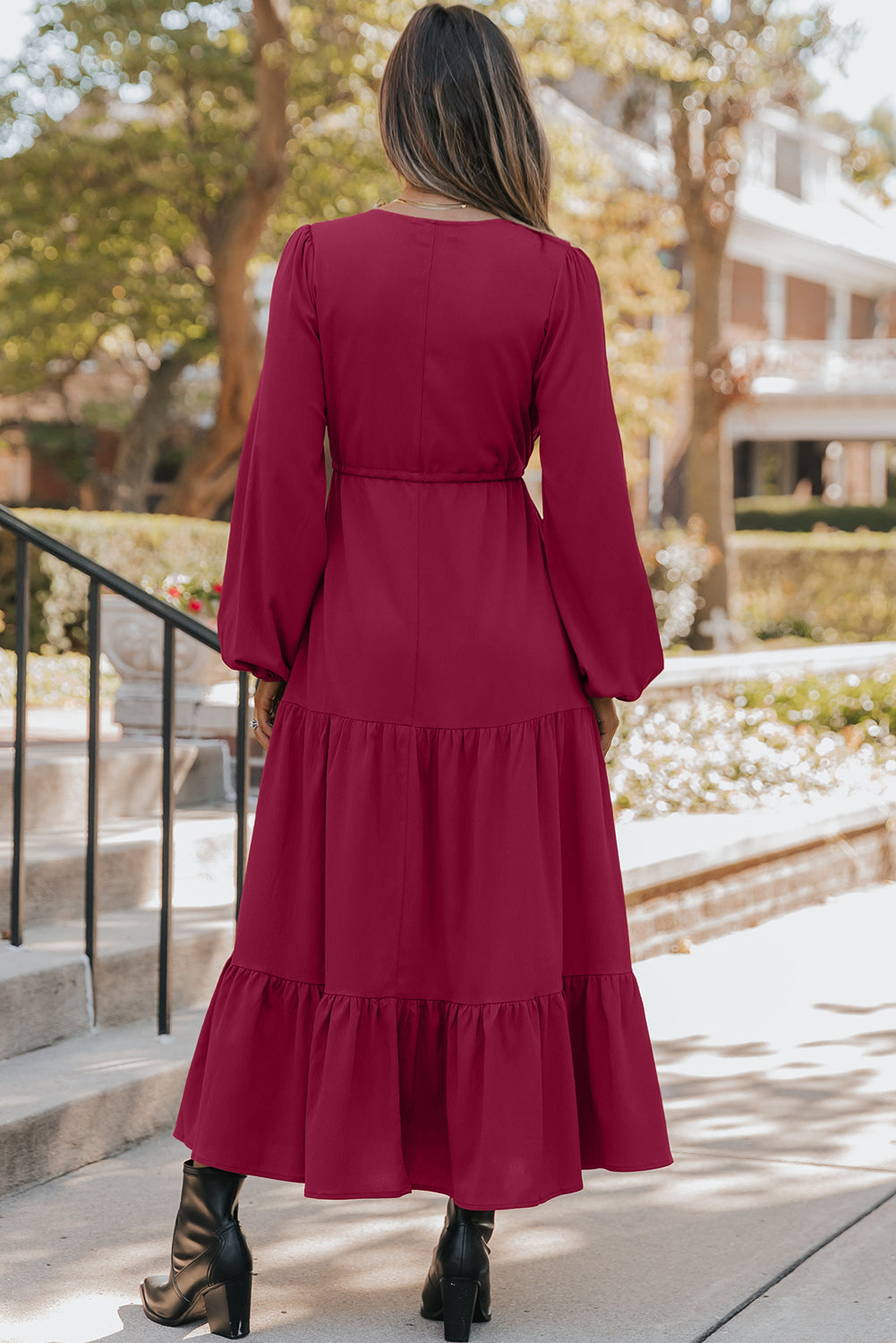 Burgundy Solid Long Sleeve Button Front V Neck Tiered Maxi Dress For Women Dear-Lover Dropshipping