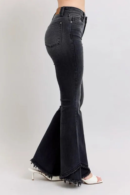 Judy Blue Full Size High Waist Flare Jeans With Mock Fray Tulip Hem Plus Size - Love Salve 