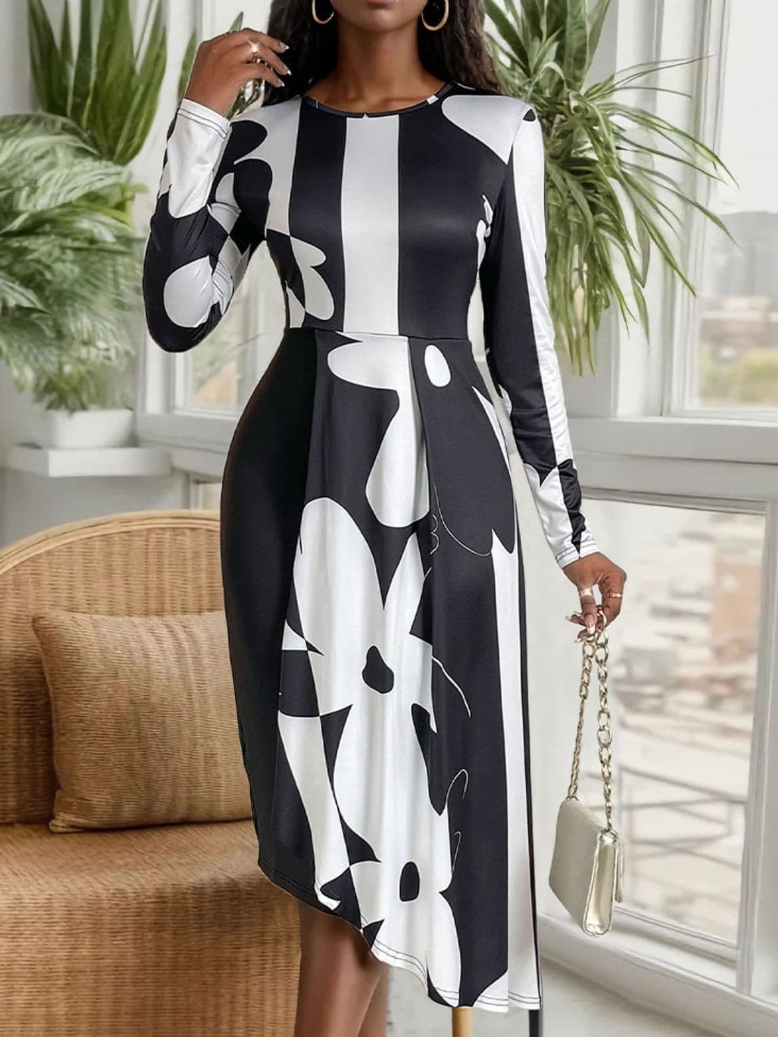 Asymmetrical Slit Round Neck Long Sleeve Midi Dress.