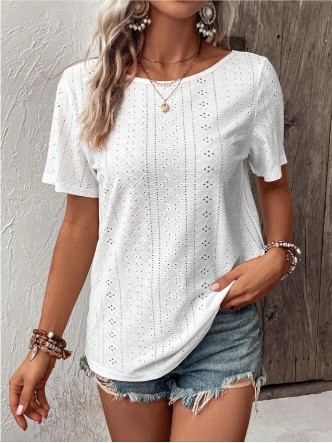 Lace Detail Eyelet Short Sleeve Blouse.