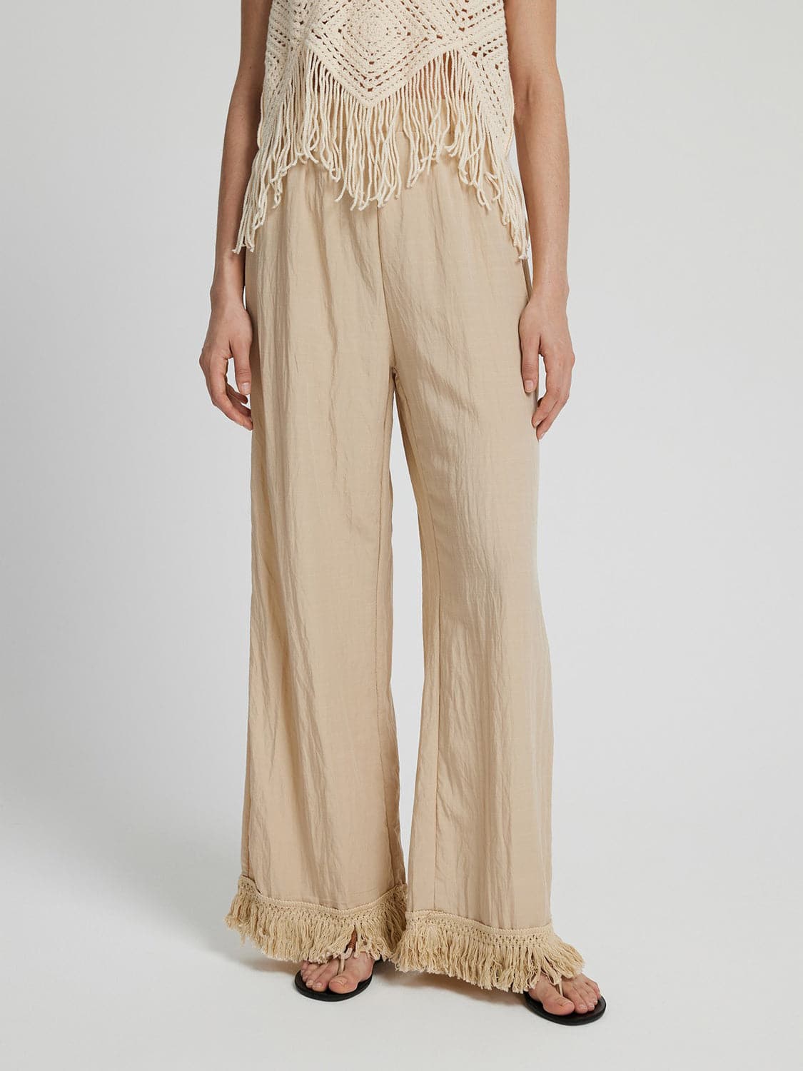 Fringe Hem Wide Leg Long Pants.