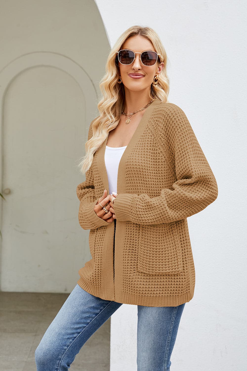 Open Front Long Sleeve Cardigan with Pockets.