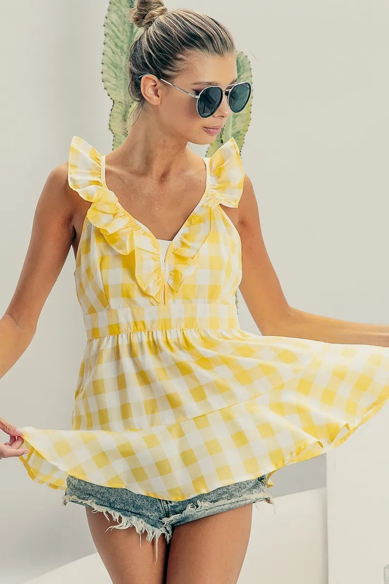 BiBi Ruffled Neckline Sleeveless Check Plaid Peplum Top - Love Salve 