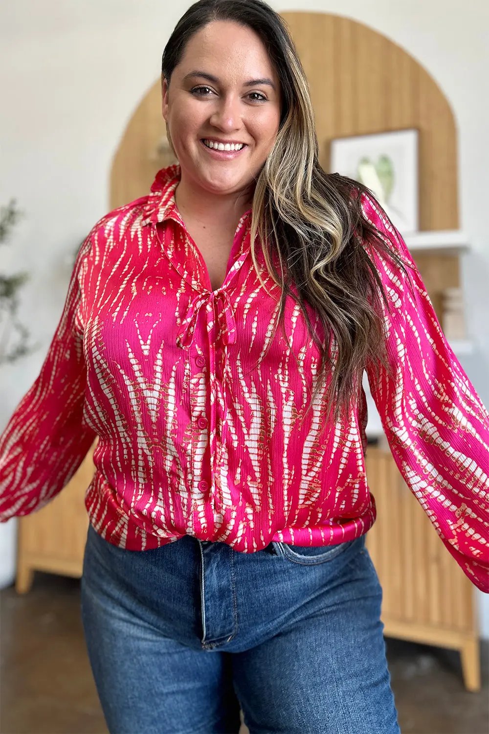 Double Take Full Size Printed Button Up Long Sleeve Shirt - Love Salve